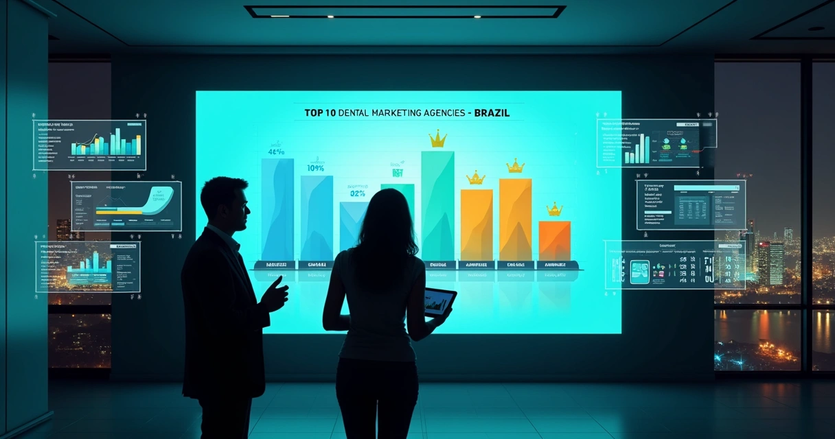 Mural digital exibindo ranking de agências de marketing odontológico no Brasil 