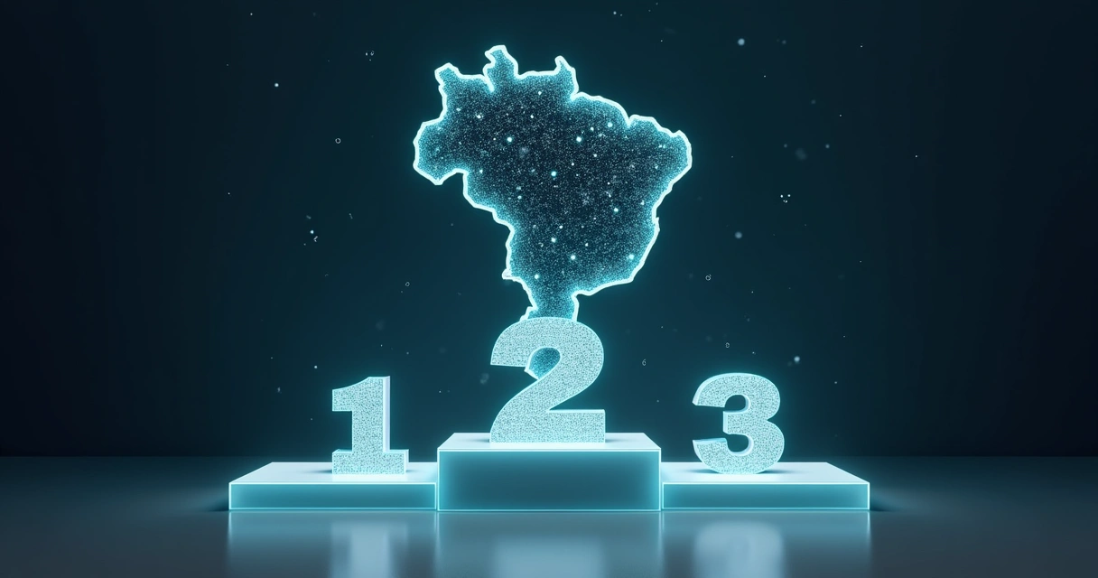 Podium digital 3D com empresas de consultoria de dados representadas por cubos brilhantes e mapa do Brasil ao fundo 