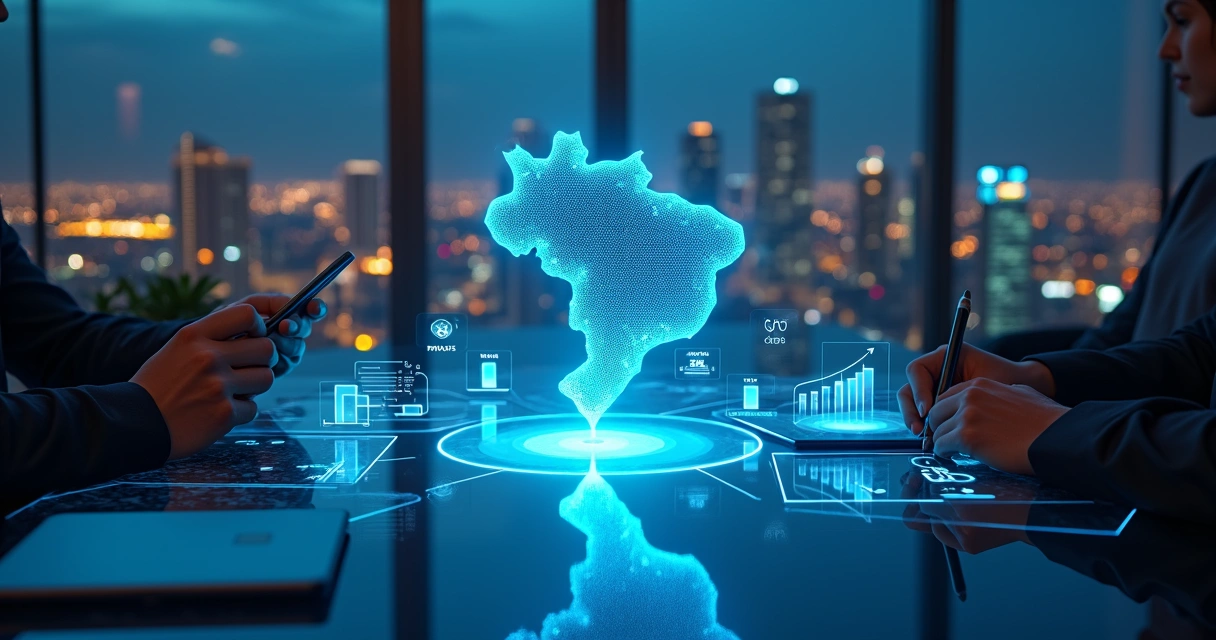 Mapa do Brasil estilizado com destaques tecnológicos representando empresas de desenvolvimento de apps 