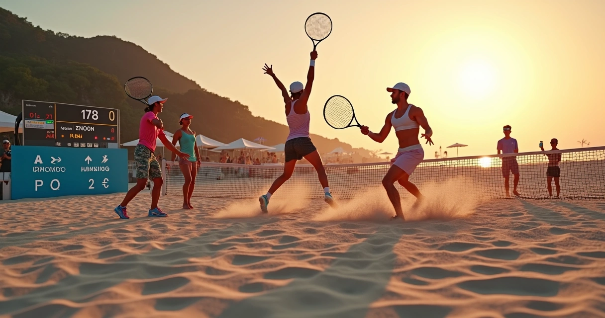 Quadra de beach tennis com atletas e placar digital destacando pontuação de ranking 