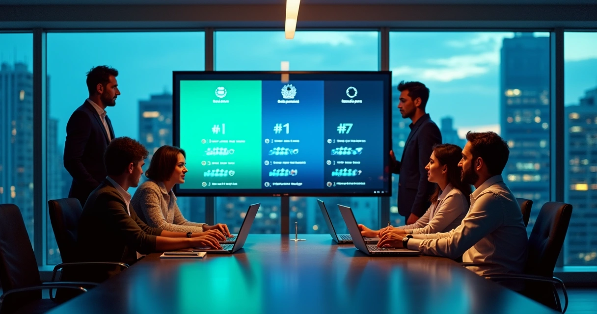 Painel digital exibindo ranking de empresas MSP de TI em escritório empresarial moderno 