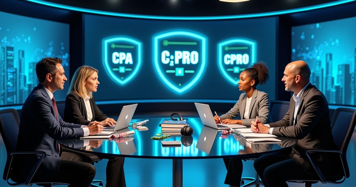Mesa redonda com quatro professores de certificações financeiras diante de telão com gráficos e selos ANBIMA 