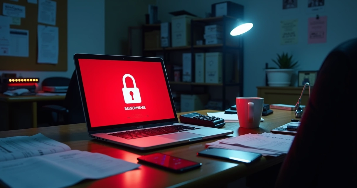Tela de notebook em escritório mostrando alerta de ransomware em letras vermelhas 