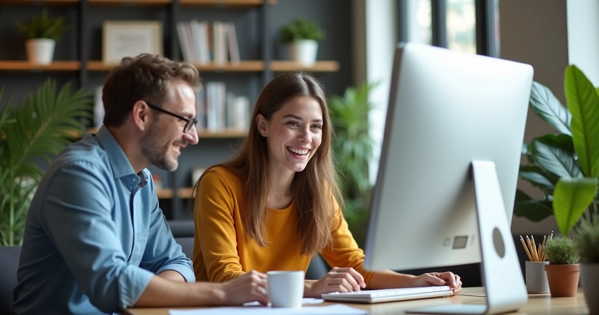 Jovem estagiário no escritório com supervisor conversando e sorrindo. 