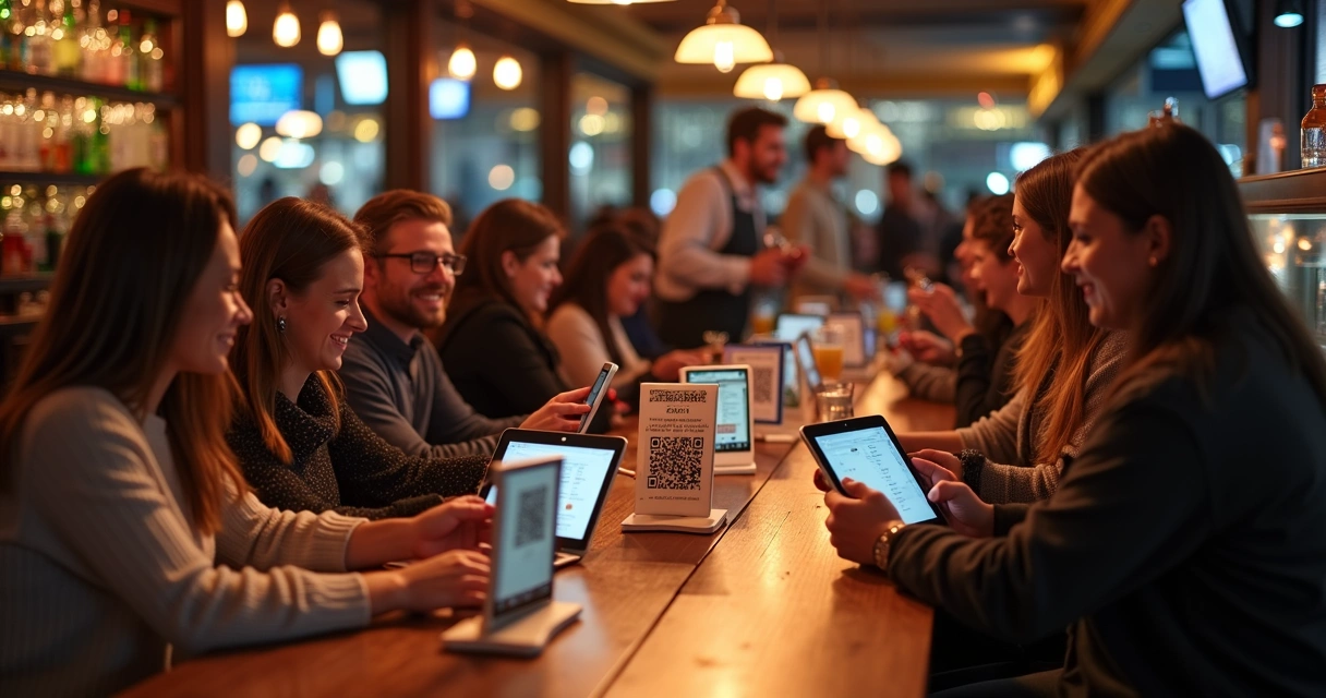 Fila reduzida e clientes satisfeitos com autoatendimento QRCode em bar 
