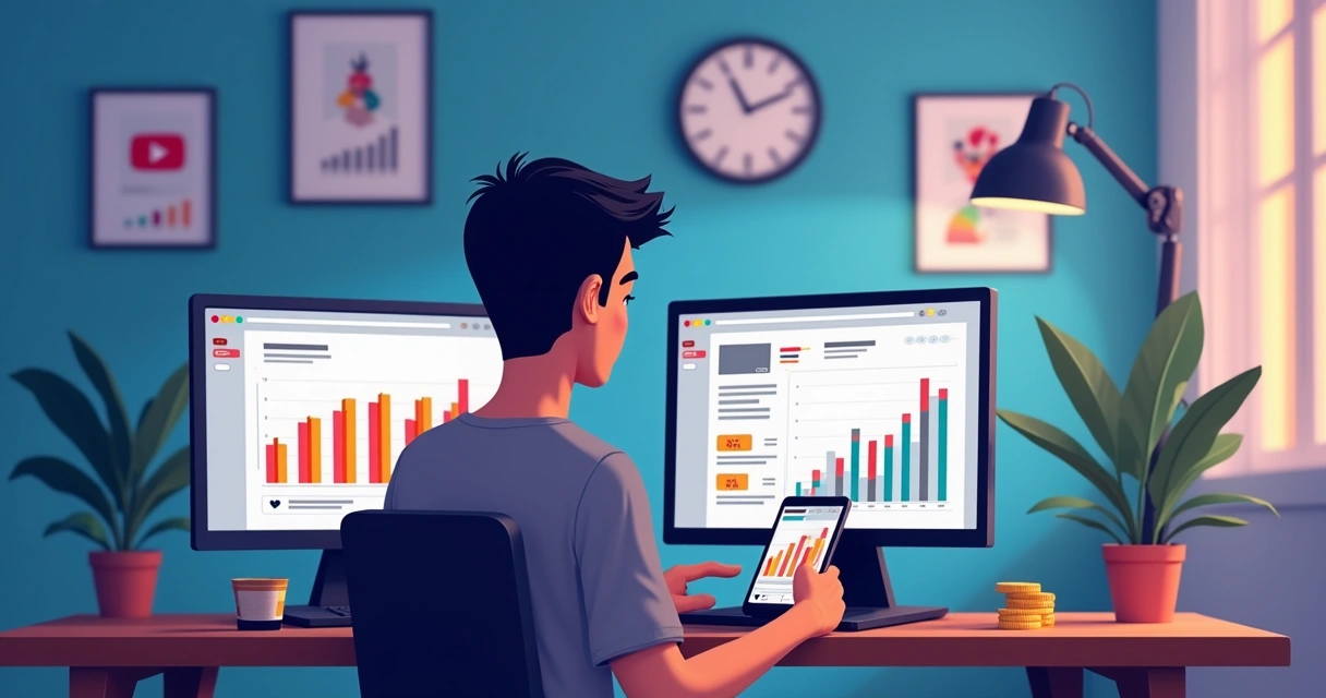 Pessoa jovem analisando dados do YouTube em notebook e celular, gráficos coloridos na tela 