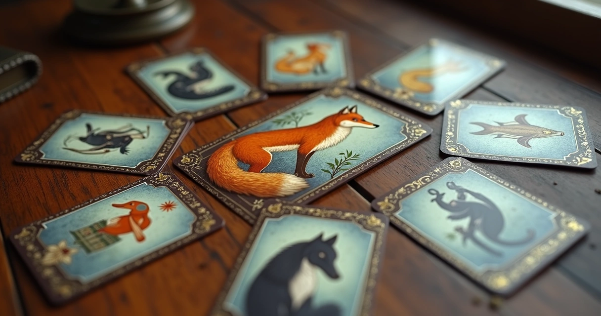 Baralho Cigano disposto em uma mesa de madeira com cartas revelando a Raposa