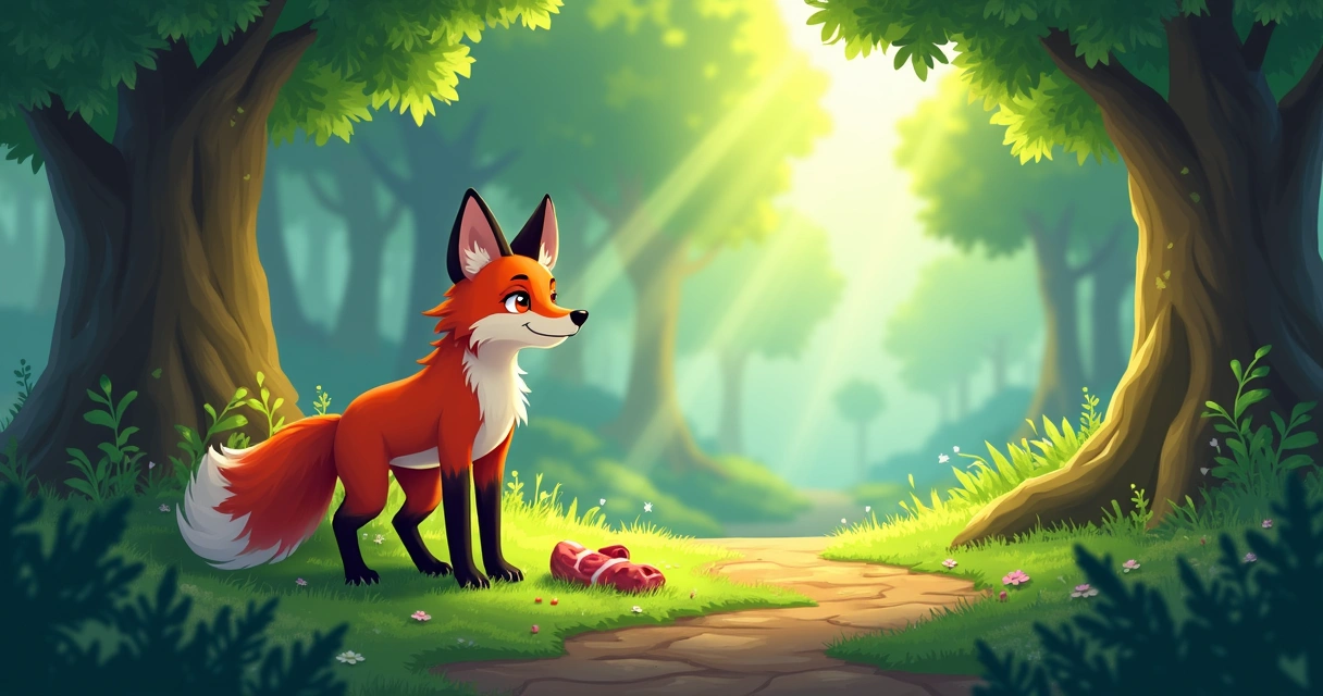 Raposa em floresta verde de Tibia, com itens de loot ao redor