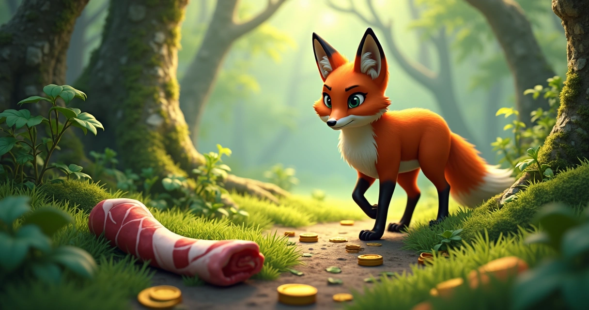 Raposa em Tibia em cenário de floresta detalhada com itens de loot no chão 