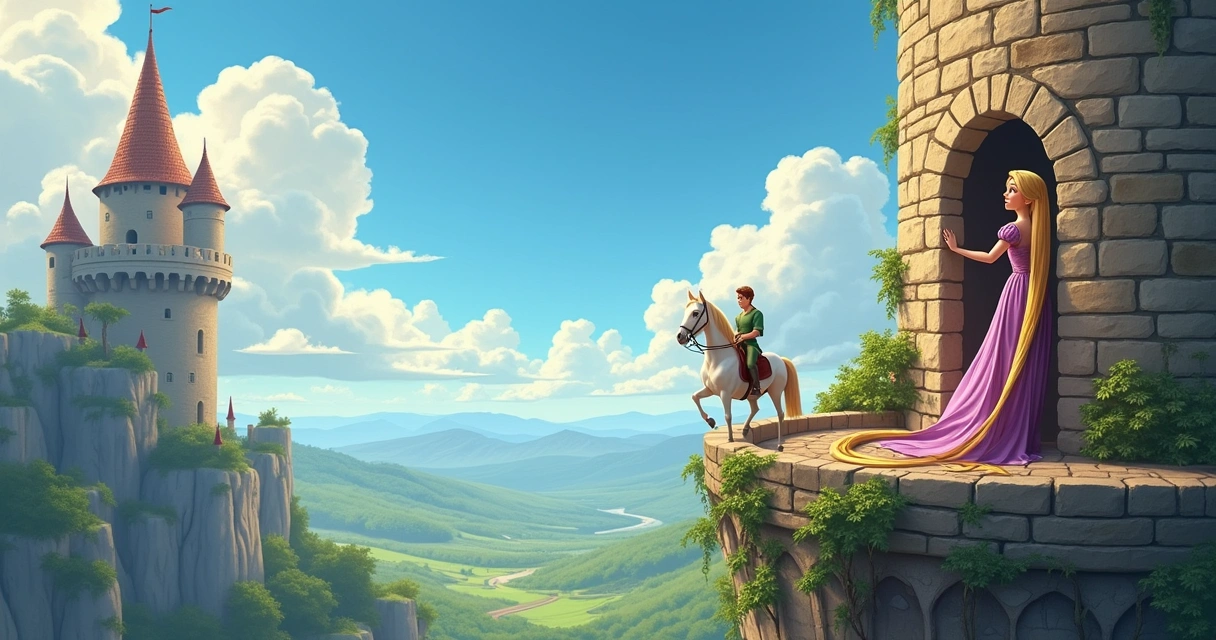 Rapunzel em sua torre com o príncipe encantado do lado de fora, um cenário mágico e esperançoso.
