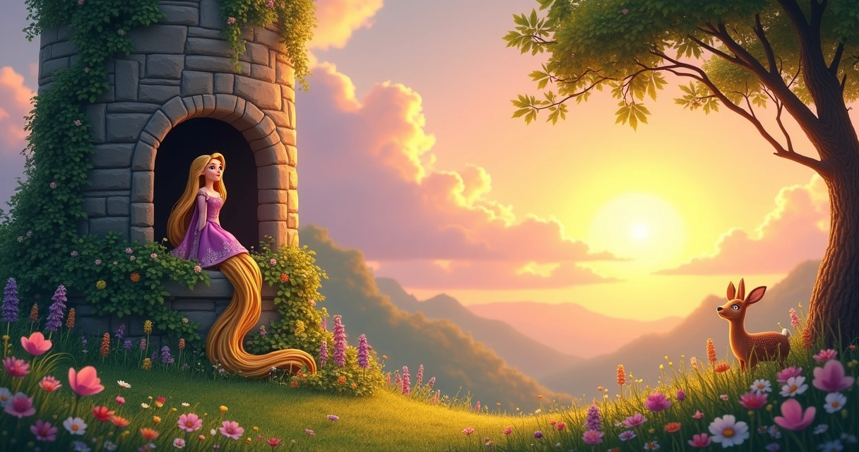 Rapunzel in a stone tower looking out, with a vibrant sunset and wildflowers in a magical forest.