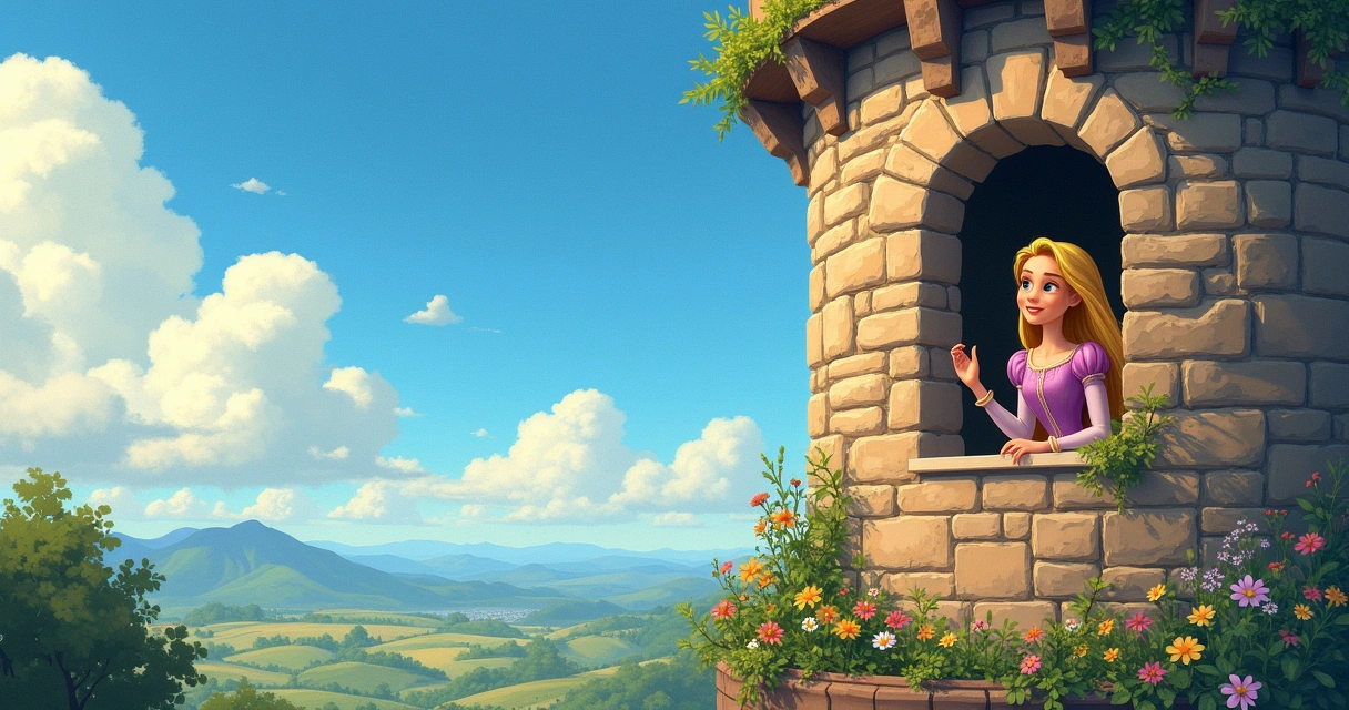 Ilustração de Rapunzel com cabelo longo olhando pela janela de uma torre isolada, flores ao redor.