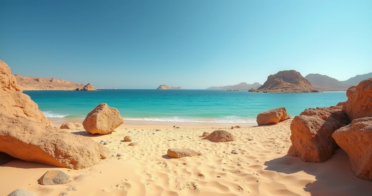 Paisagem árida do Parque Nacional Ras Mohamed com o mar ao fundo 