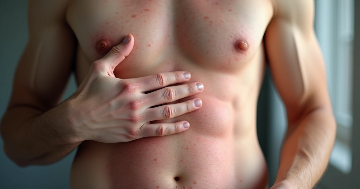 Manchas vermelhas de rash cutâneo leve no tronco masculino