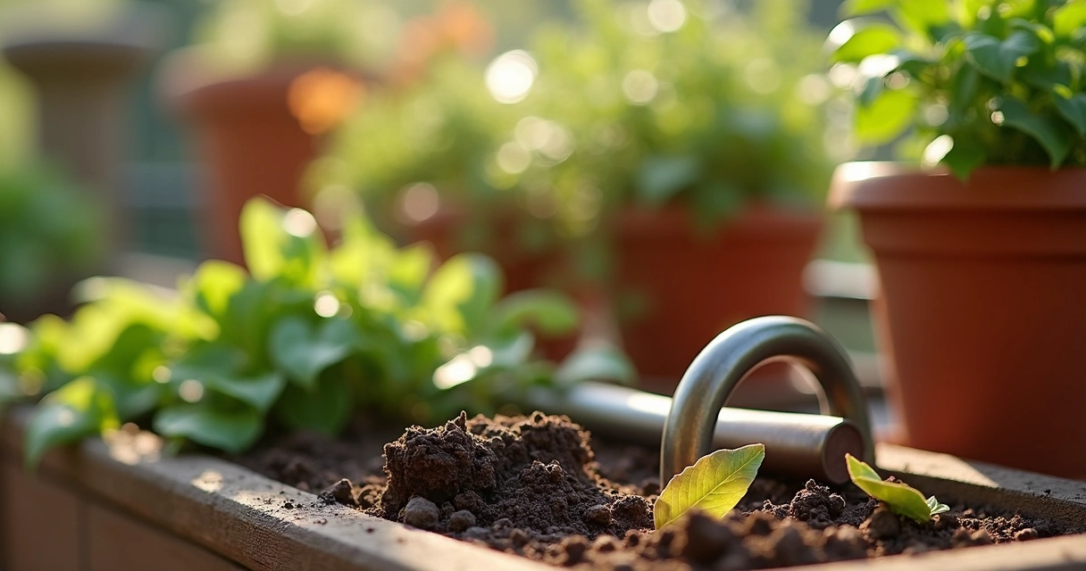 Rastelo de mão pequeno sobre solo de jardineira 