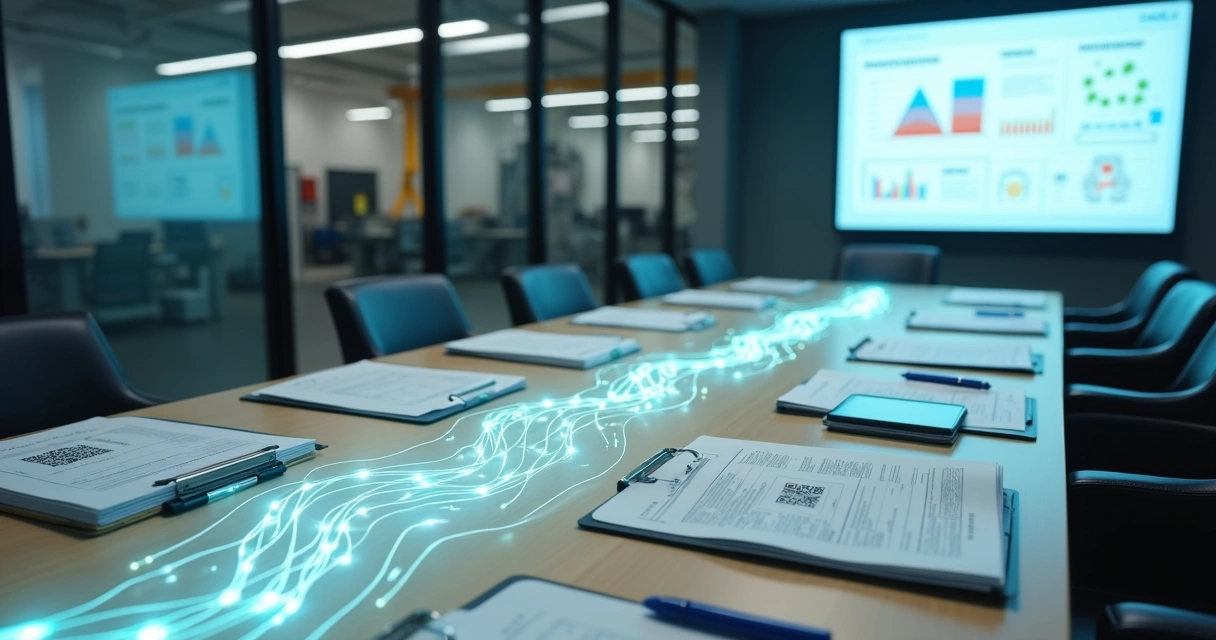 Mesa de auditoria com trilha luminosa conectando documentos físicos e dashboard digital 