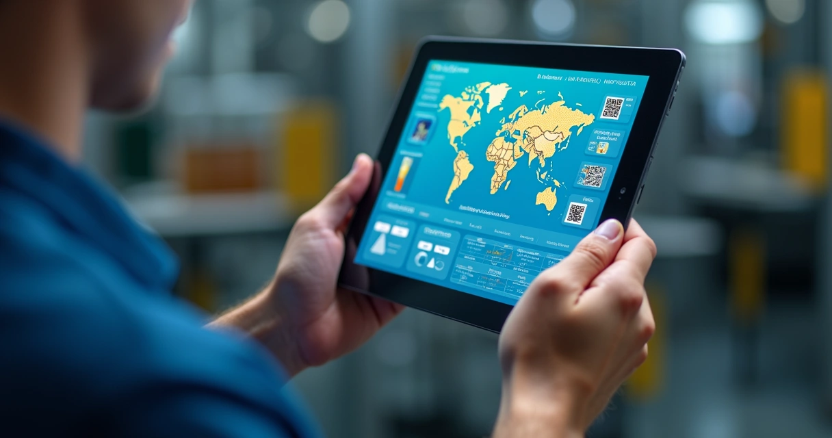 Tela digital com rastreabilidade de lotes de bebidas, incluindo mapa de movimentação e códigos QR 
