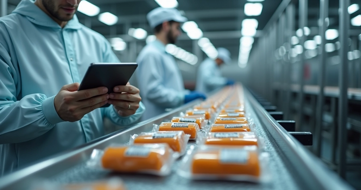 Linha de produção moderna com código QR em embalagens 