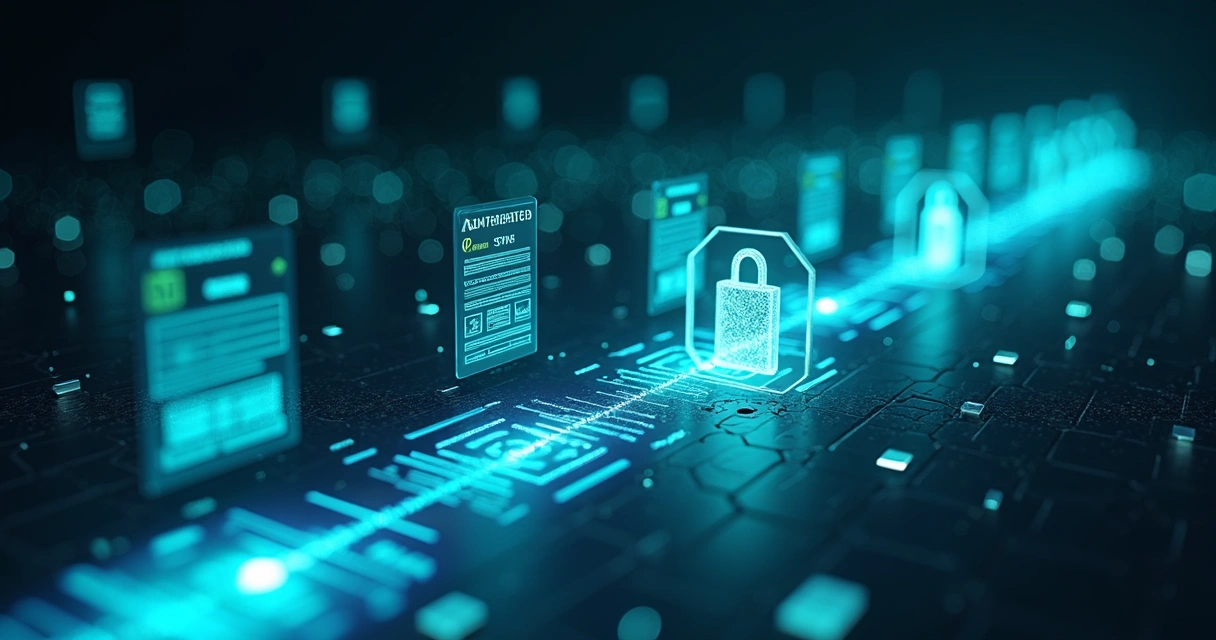 Fluxo de dados fiscais com trilha luminosa e cadeados digitais 