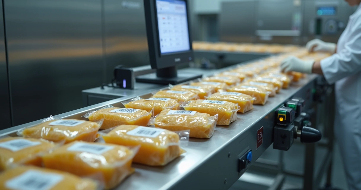 Códigos de rastreio em embalagens na esteira de produção de alimentos 