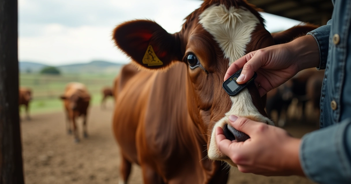 Brinco eletrônico sendo colocado na orelha de um bovino em curral 