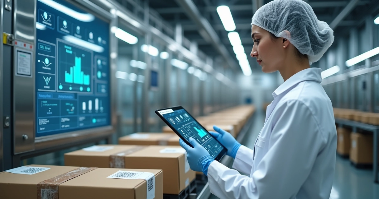 Linha de produção de alimentos com profissional usando tablet para rastreabilidade digital 