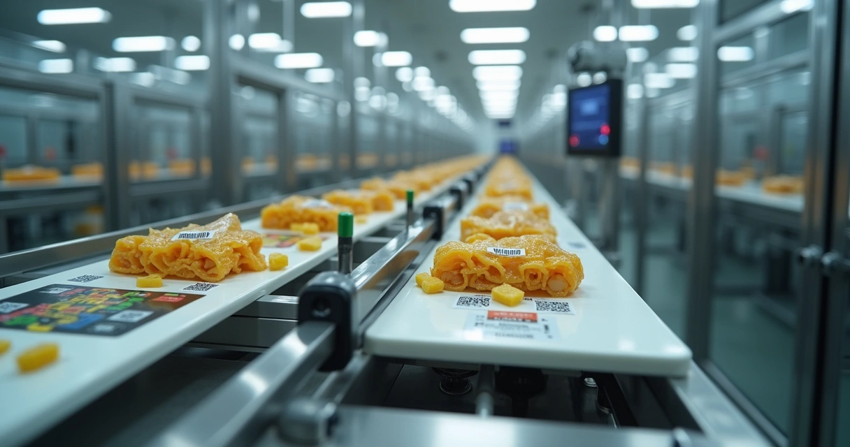 Linha de produção na indústria mostrando ingredientes rastreados por códigos e etiquetas. 