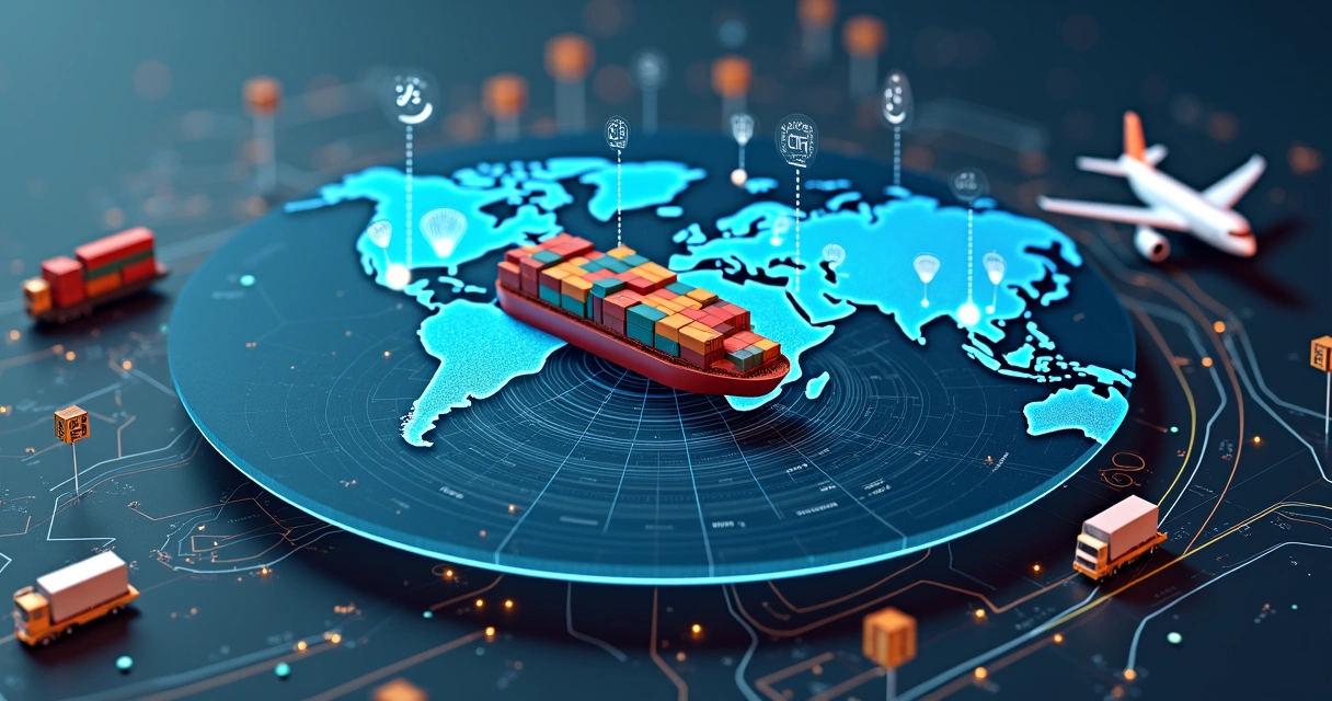 Painel 3D mostrando rastreabilidade logística em cadeia global de suprimentos 