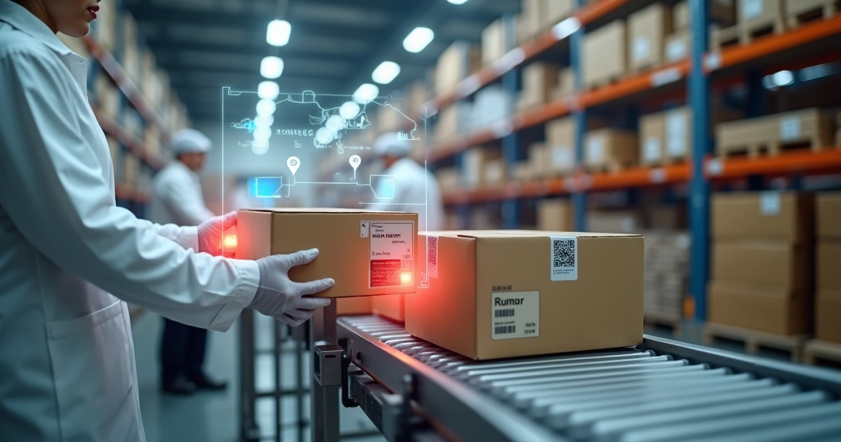 Linha de produção de alimentos com código de barras sendo escaneado em caixa pronta para envio 