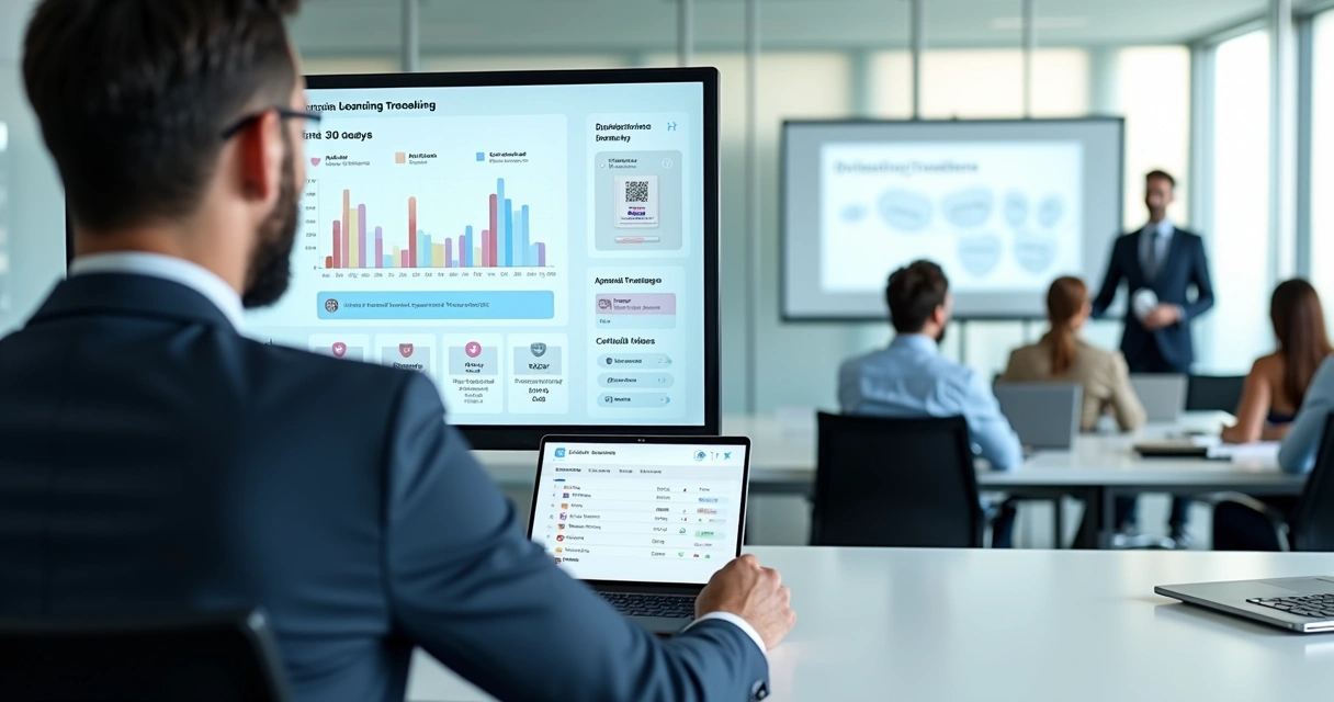 Gestor acompanhando painel de rastreabilidade de treinamento de onboarding em escritório moderno 