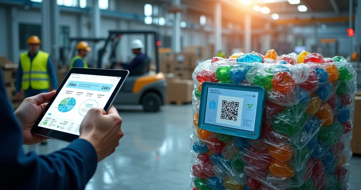 Linha de produção de reciclagem de plástico com código QR em fardo de material 