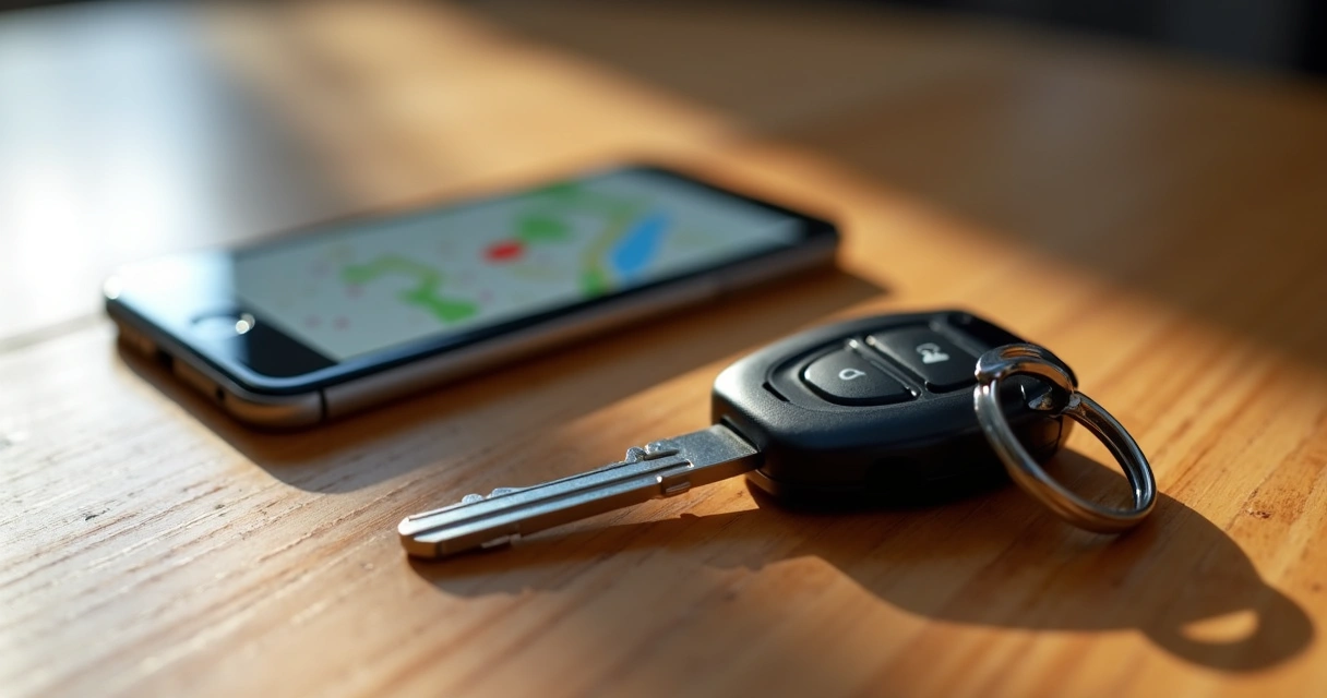 Chaveiro rastreador Bluetooth acoplado a chave em mesa de madeira 