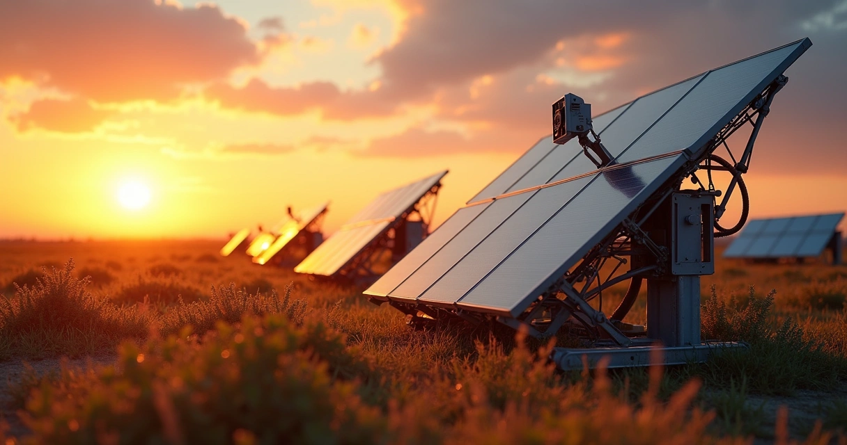 Painéis de energia solar com sistema de rastreamento solar em campo aberto