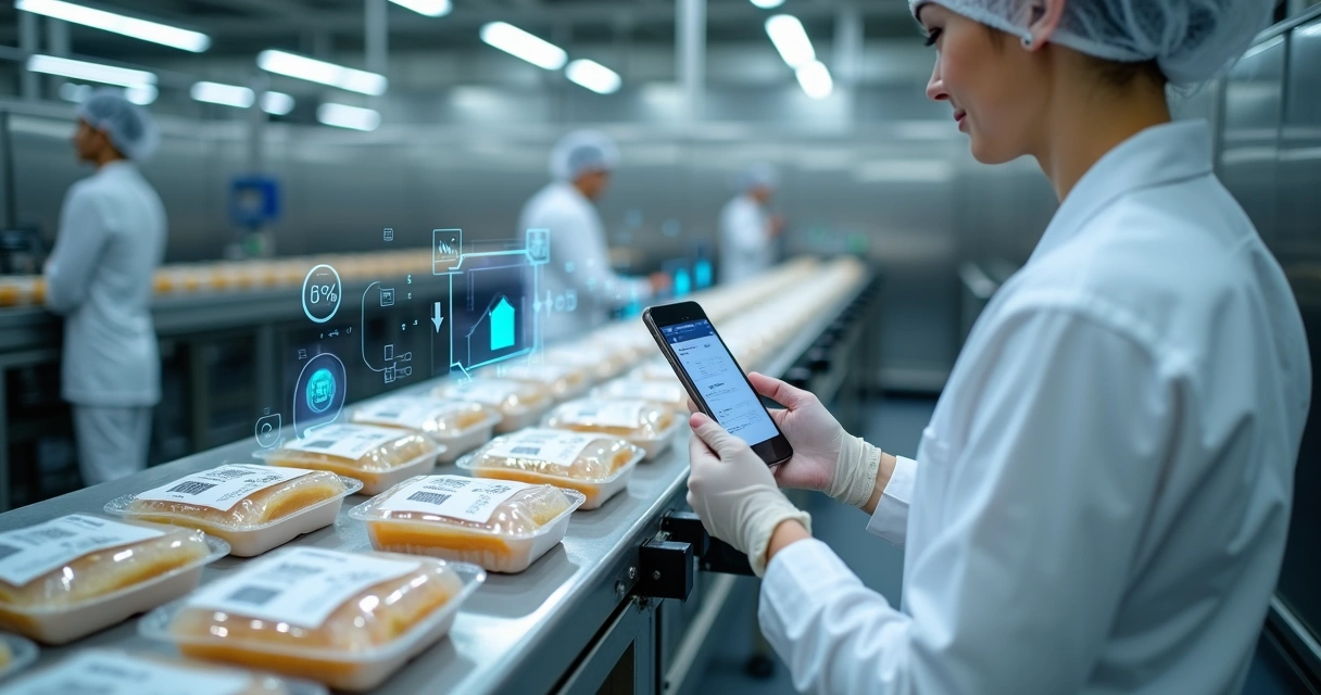 Funcionário escaneando QR code em embalagem de alimento em linha de produção 