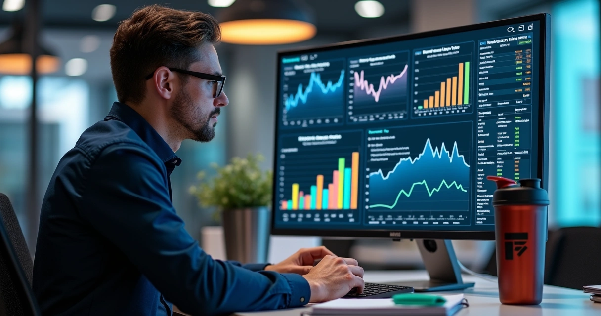 Gestor analisando relatórios de performance de brindes promocionais no ponto de venda com gráficos em tela digital 