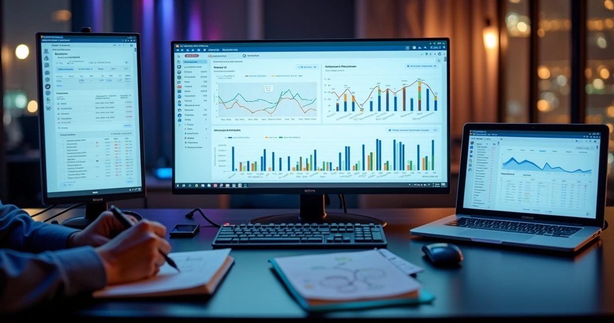 Painel de marketing digital mostrando rastreamento de campanhas Meta e Google em múltiplas telas 