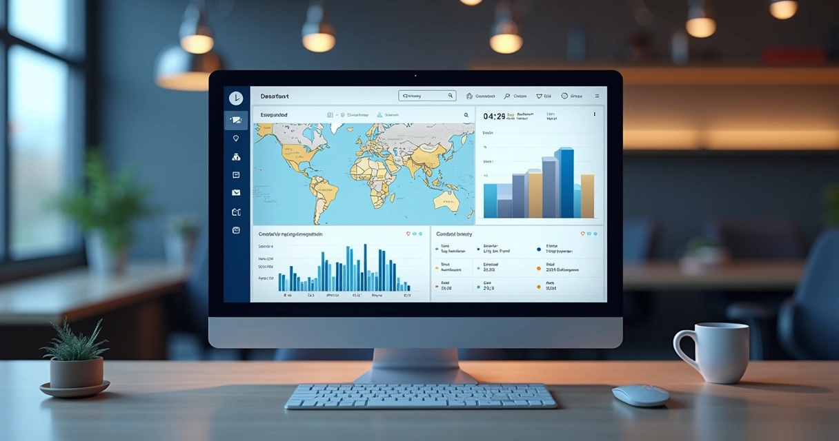 Dashboard de rastreamento de carga em tempo real em tela de computador com mapas e gráficos de desempenho.