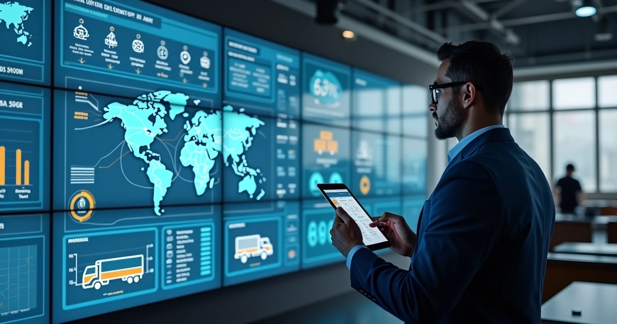 Painel logístico com mapa e caminhão monitorado por sensores