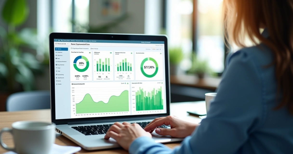 Dashboard com gráficos de conversão em tela de notebook 
