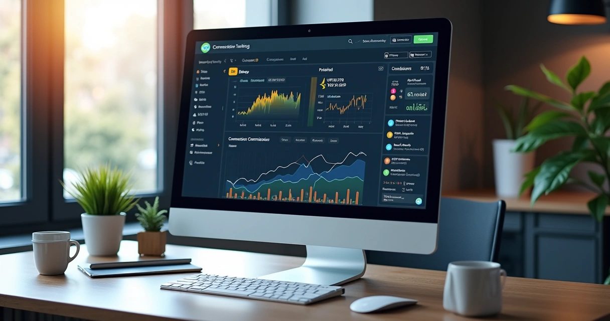 Tela de computador mostrando painel de tracking de conversion com gráficos de vendas e indicadores em tempo real 