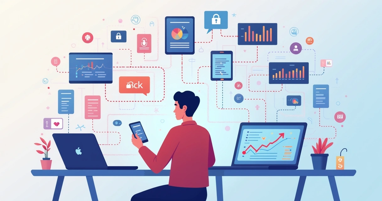 Fluxo digital de dados entre smartphone, computador e usuário diante de gráficos 