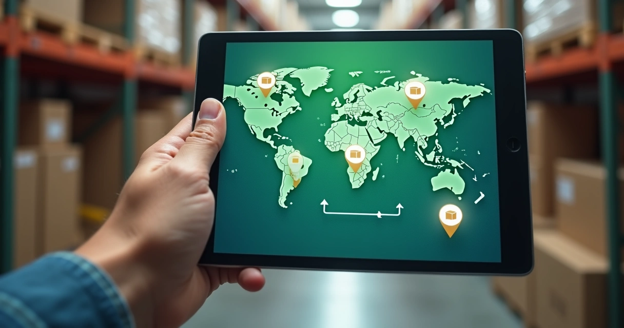 Mão utilizando tablet mostrando mapa de rastreamento de devolução de produto 