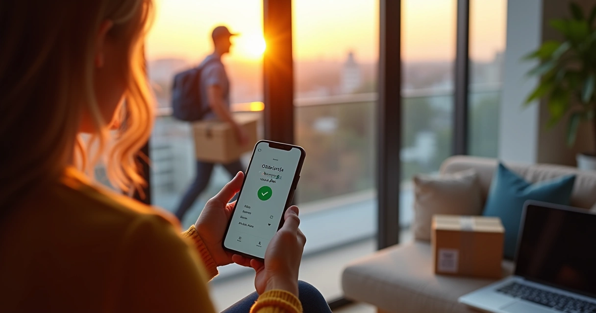 Consumidora acompanhando prazo de entrega em app de rastreamento de encomenda 