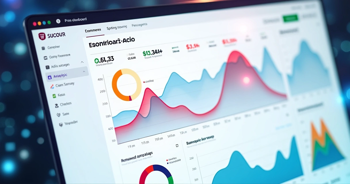 Dashboard de rastreamento de eventos de ecommerce com diversas métricas e gráficos coloridos 