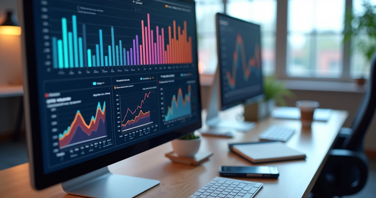 Tela de computador mostrando gráficos detalhados de leads e análise de dados em ambiente de escritório moderno 