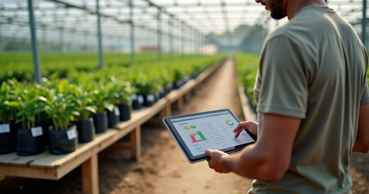 Produtor rural usando tablet para rastrear lotes de mudas em sistema na nuvem 