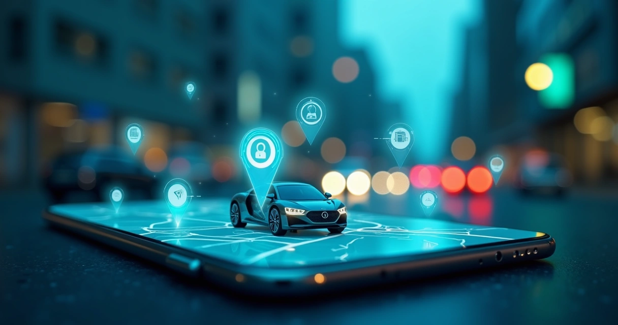 Mapa digital com localização de carro em tempo real, mostra ícone de veículo e sinal de GPS 