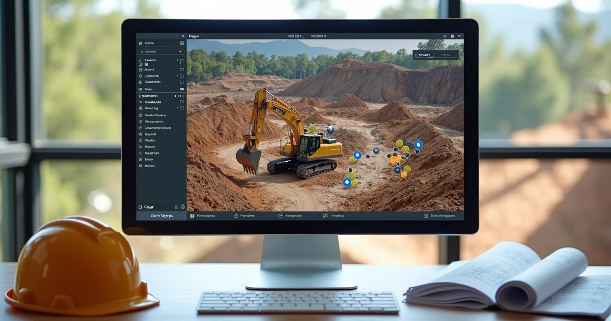 Tela de computador mostrando mapa com localização de máquinas pesadas em obra