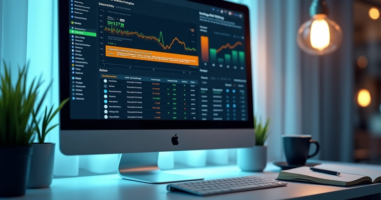Tela de computador mostrando dashboard de análise com gráficos coloridos e link com parâmetros UTM destacados 