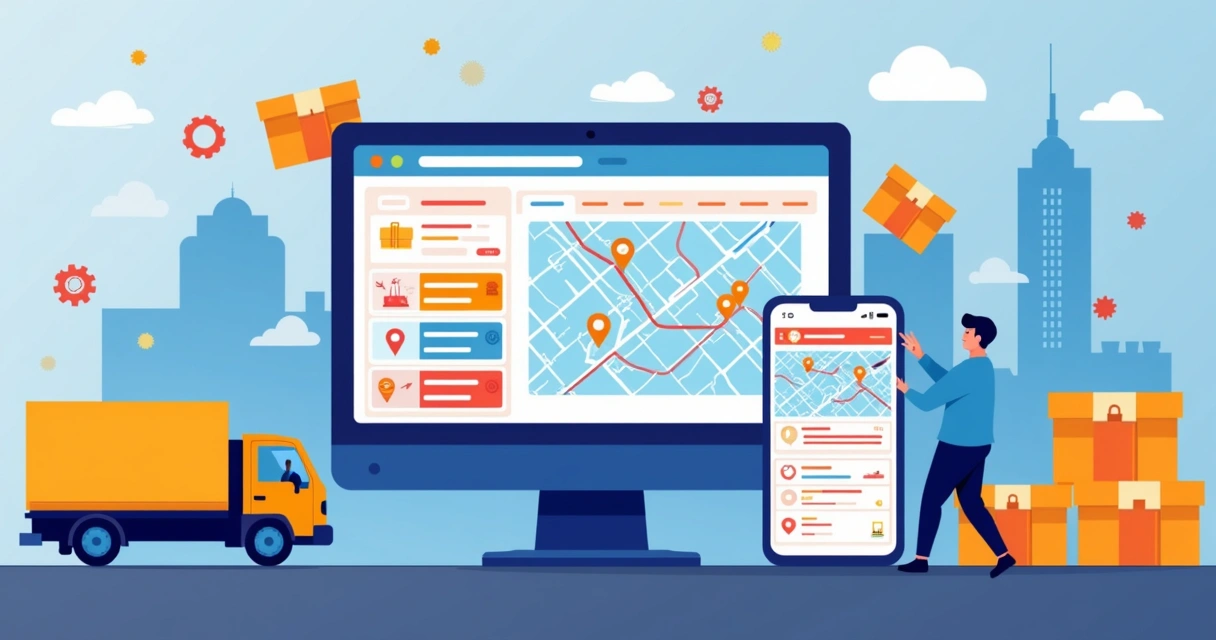 Ilustração de tela de rastreamento de pedido sendo acompanhada em tempo real no computador 